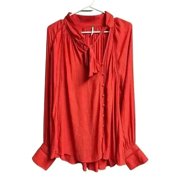 Free People Orange Tie Neck Long Sleeve Blouse Size Medium - Picture 1 of 10